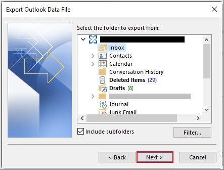 4_Select the email profile or folders that you want to export to PST file. Select Include subfolders and click Next